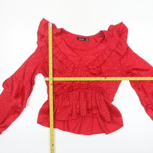 Boohoo Women’s Red Ruffle V-Neck Blouse Size 10 Long Sleeve