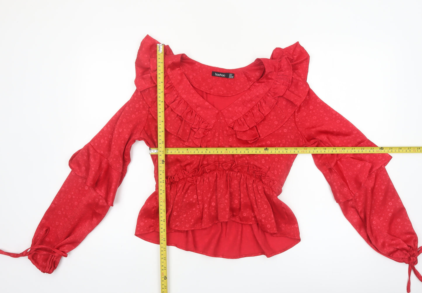 Boohoo Women’s Red Ruffle V-Neck Blouse Size 10 Long Sleeve