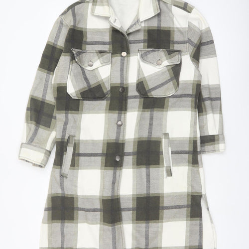 Rising Womens Green Checked Long Shacket Jacket Size M Cotton Blend