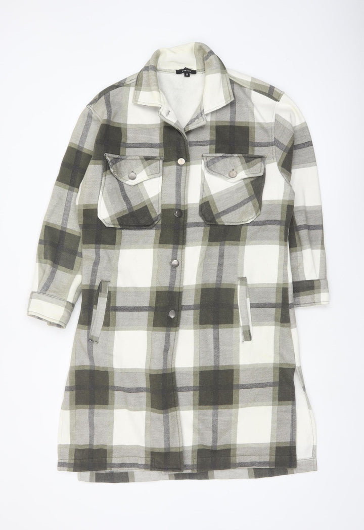 Rising Womens Green Checked Long Shacket Jacket Size M Cotton Blend