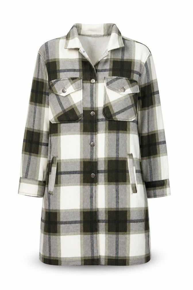 Front view of Rising women’s green checked long shacket jacket, size M, cotton blend