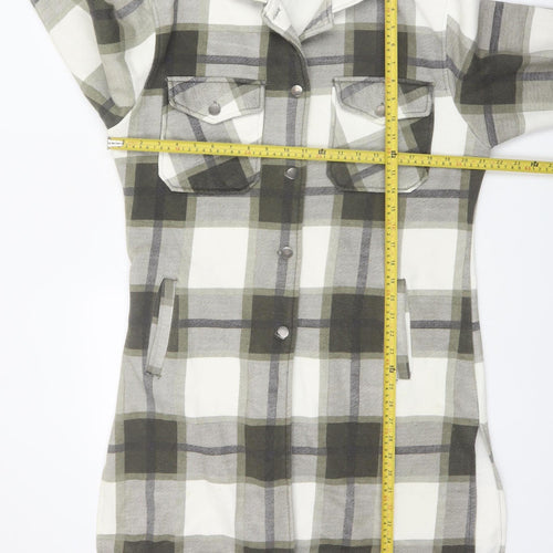 Rising Womens Green Checked Long Shacket Jacket Size M Cotton Blend