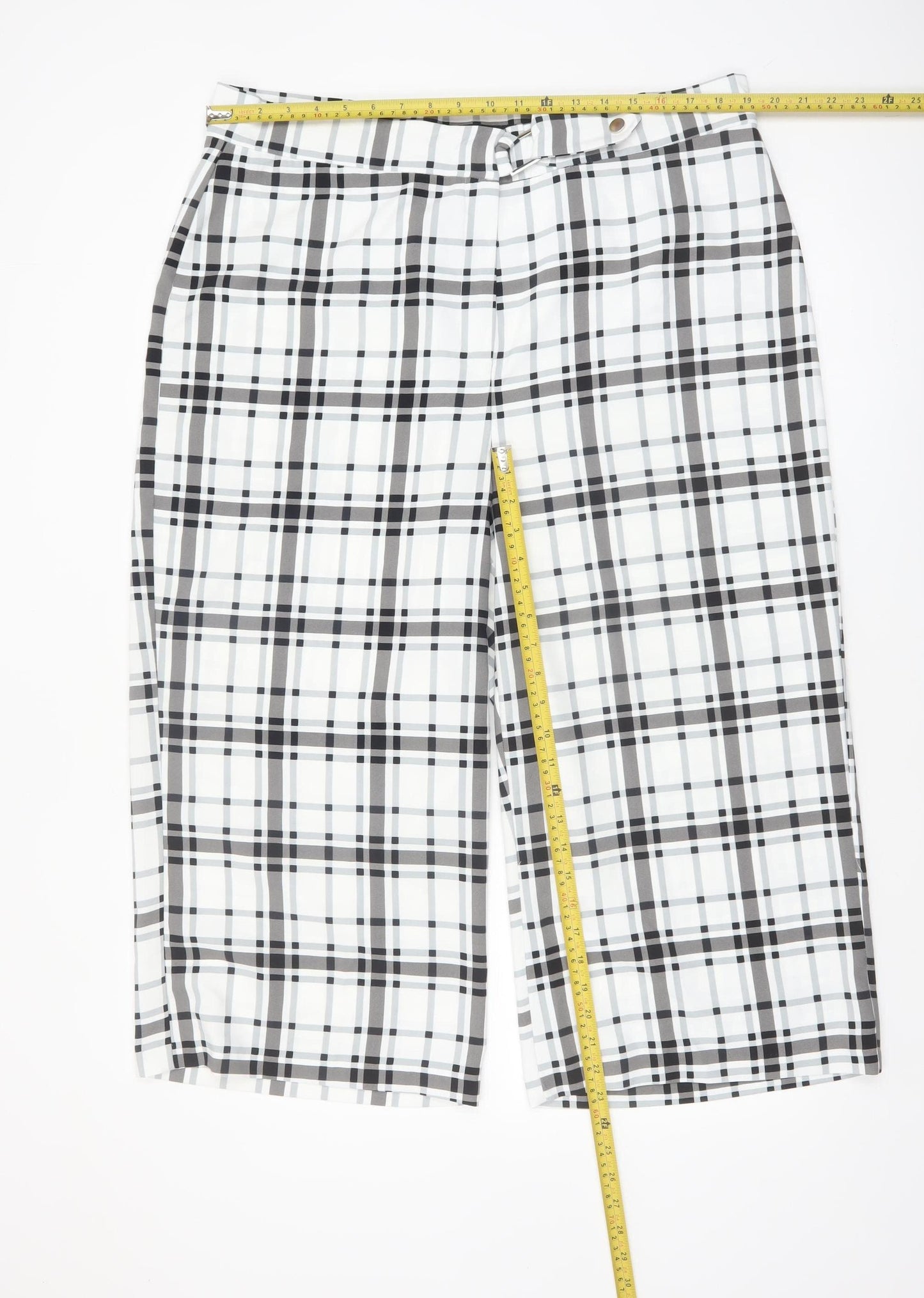 Peacocks Womens White Black Plaid Wide Leg Cropped Trousers Size 18