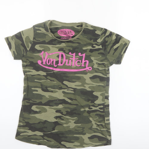 Von Dutch Women's Green Camouflage T-Shirt Size 10 Slim Fit