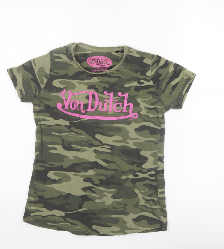 Von Dutch Women's Green Camouflage T-Shirt Size 10 Slim Fit