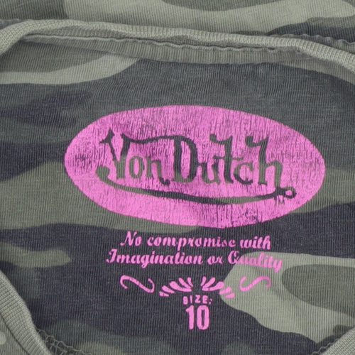 Von Dutch Women's Green Camouflage T-Shirt Size 10 Slim Fit
