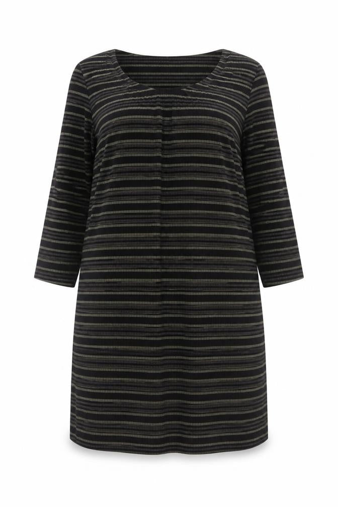 Front view of Bravissimo Women's Black Striped Knee Length Shift Dress, size 16