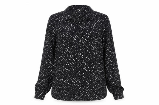 Front view of H&M Women’s Black Polka Dot Button-Up Long Sleeve Shirt, size S