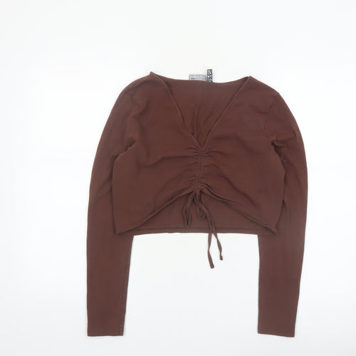 ASOS DESIGN Women’s Brown Cropped Long Sleeve V-Neck Top Size 14