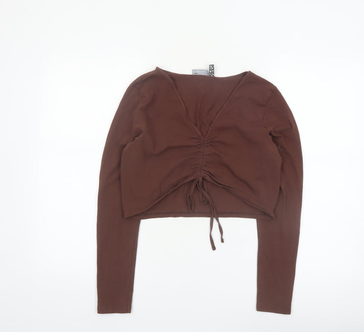 ASOS DESIGN Women’s Brown Cropped Long Sleeve V-Neck Top Size 14