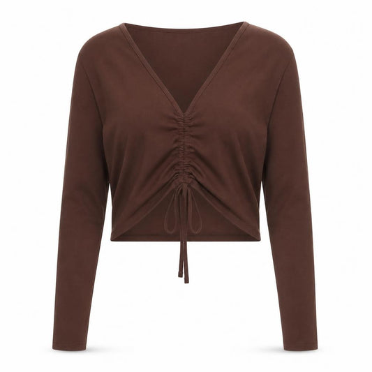 Front view of ASOS DESIGN Women’s Brown Cropped Long Sleeve V-Neck Top, size UK 14