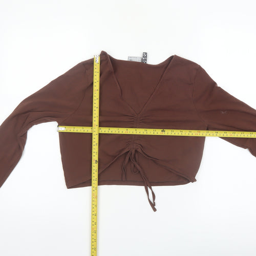 ASOS DESIGN Women’s Brown Cropped Long Sleeve V-Neck Top Size 14