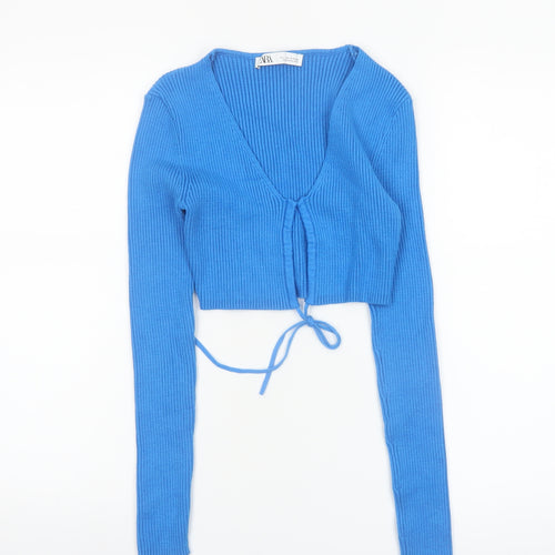 ZARA Women’s Blue V-Neck Long Sleeve Ribbed Tie Cardigan Size 8