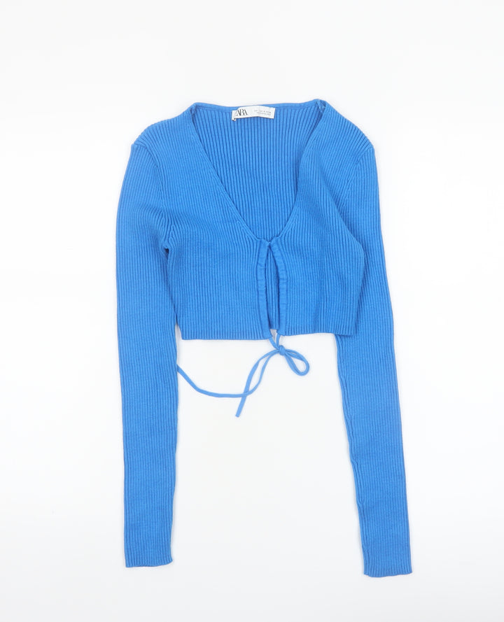 ZARA Women’s Blue V-Neck Long Sleeve Ribbed Tie Cardigan Size 8