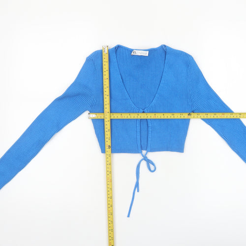 ZARA Women’s Blue V-Neck Long Sleeve Ribbed Tie Cardigan Size 8