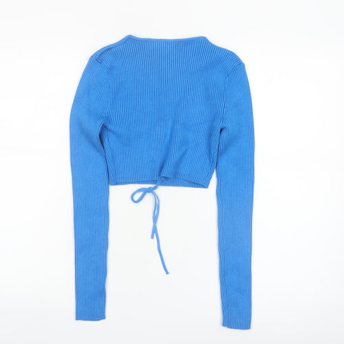ZARA Women’s Blue V-Neck Long Sleeve Ribbed Tie Cardigan Size 8