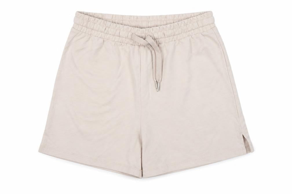 Front view of ICHI Women's Beige Cotton Blend Casual Drawstring Shorts, size S