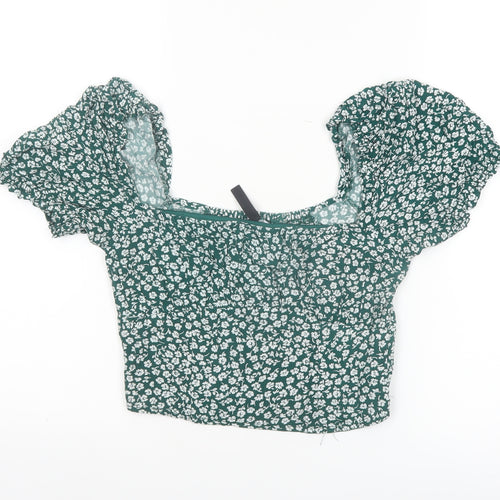 H&M Women Green Floral Cropped Puff Sleeve Blouse UK 10