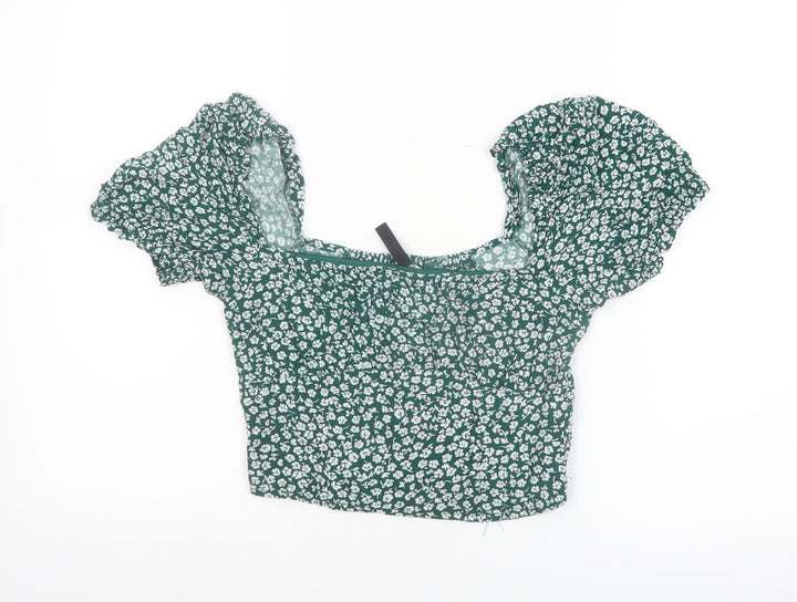 H&M Women Green Floral Cropped Puff Sleeve Blouse UK 10