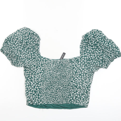 H&M Women Green Floral Cropped Puff Sleeve Blouse UK 10