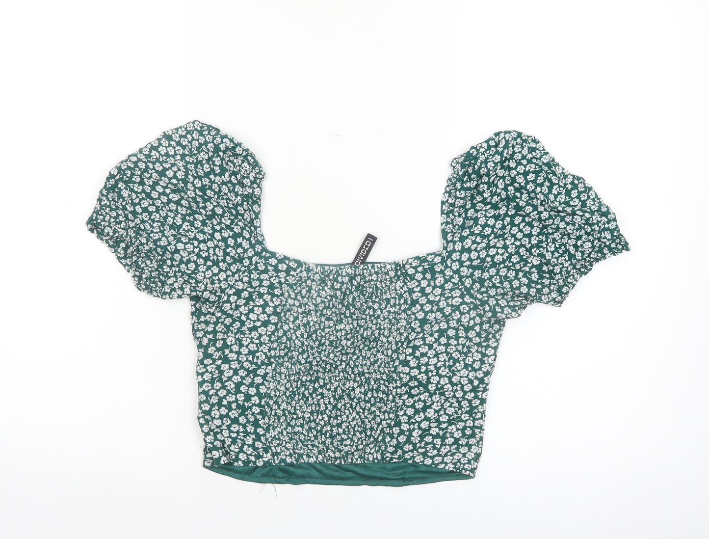 H&M Women Green Floral Cropped Puff Sleeve Blouse UK 10