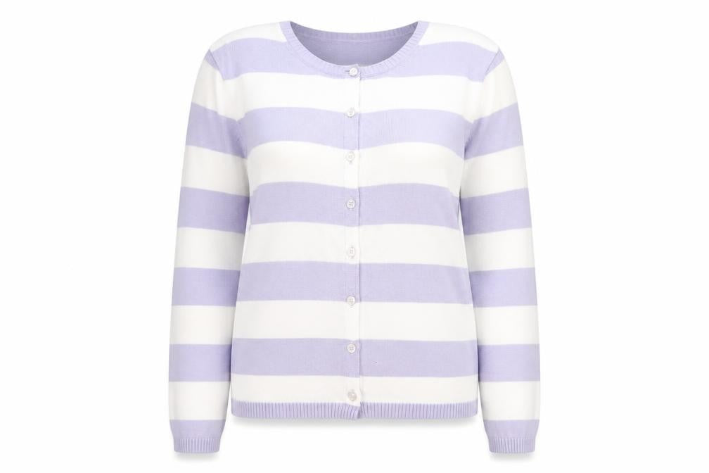 Front view of Editions women’s lilac white striped cotton cardigan, size UK 12