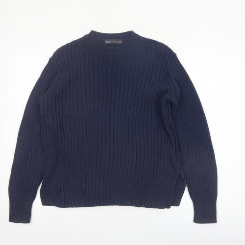 Marks and Spencer Women's Blue Cotton Ribbed Crew Neck Jumper Size 10
