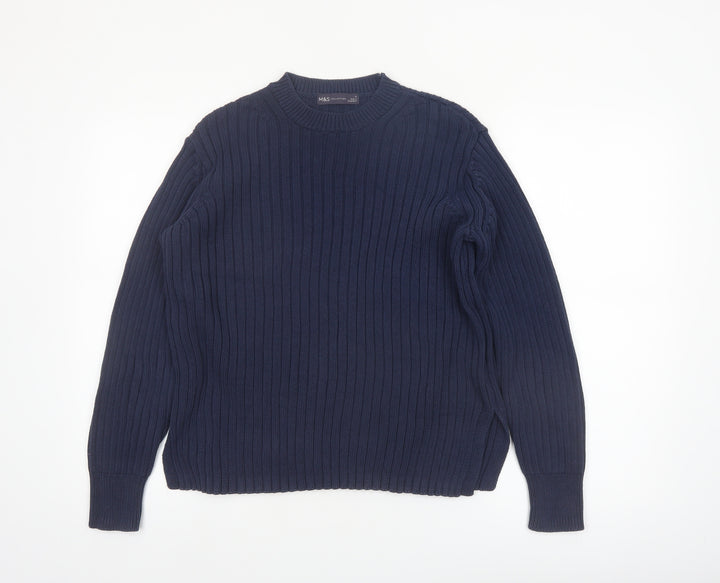Marks and Spencer Women's Blue Cotton Ribbed Crew Neck Jumper Size 10
