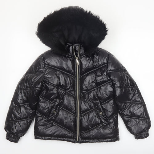 Lipsy London Boys Black Hooded Puffer Jacket 10 Years Faux Fur Trim Winter Coat