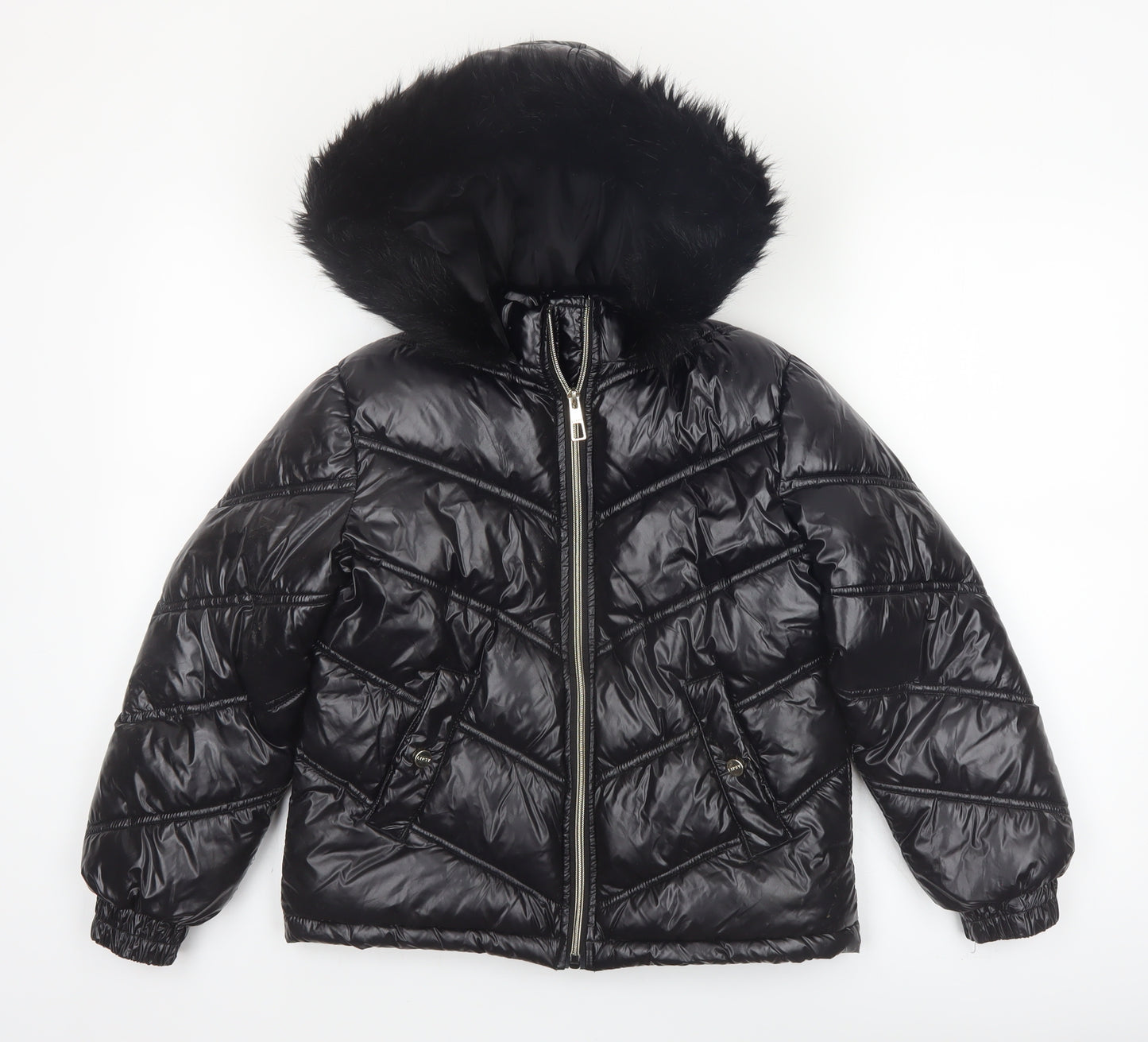 Lipsy London Boys Black Hooded Puffer Jacket 10 Years Faux Fur Trim Winter Coat