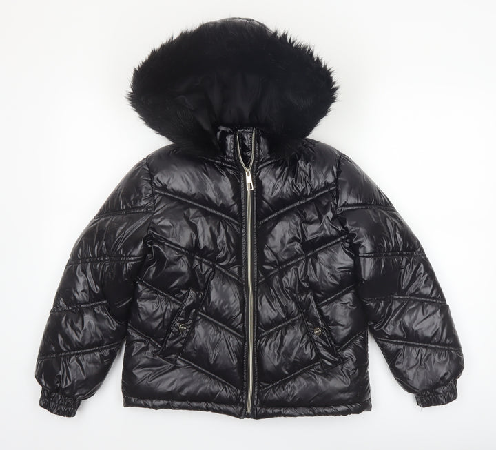Lipsy London Boys Black Hooded Puffer Jacket 10 Years Faux Fur Trim Winter Coat