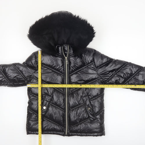 Lipsy London Boys Black Hooded Puffer Jacket 10 Years Faux Fur Trim Winter Coat