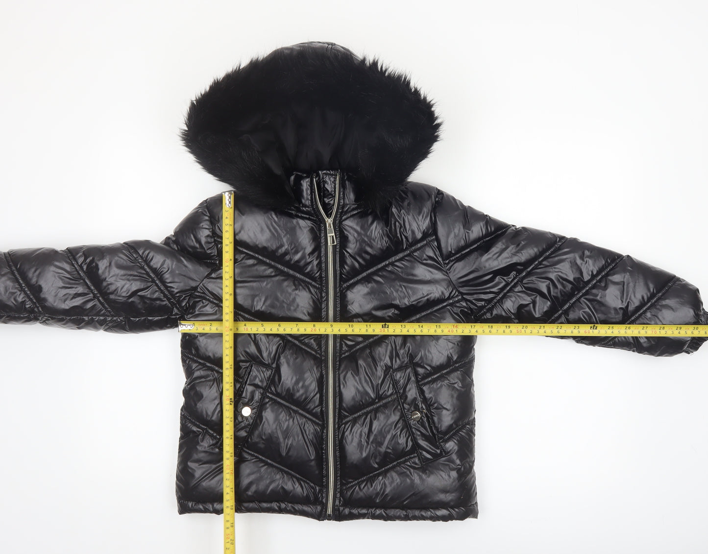 Lipsy London Boys Black Hooded Puffer Jacket 10 Years Faux Fur Trim Winter Coat