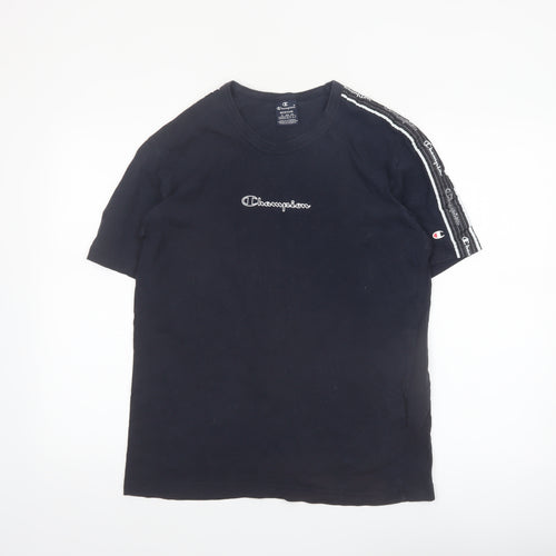 Champion Men's Black Medium Crew Neck Cotton T-Shirt with Logo Tape Trim