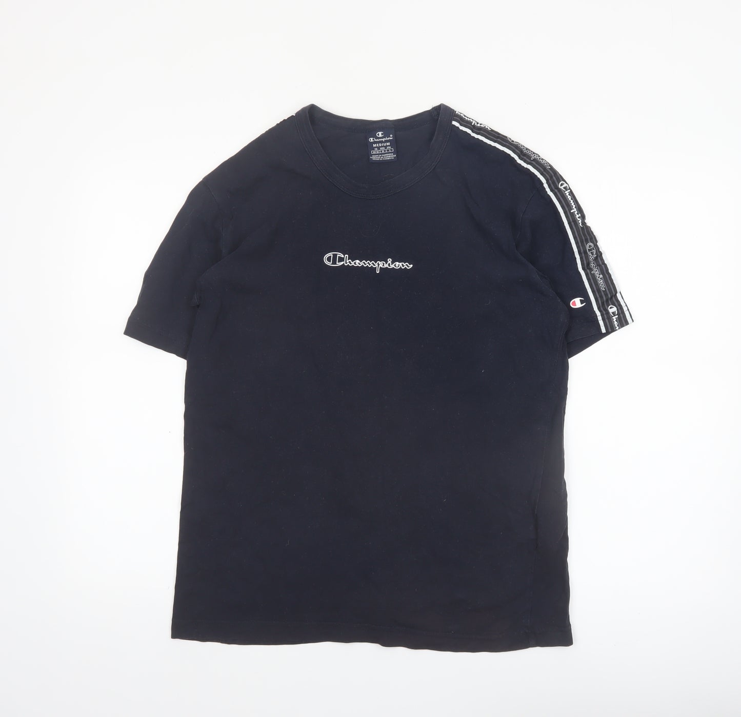 Champion Men's Black Medium Crew Neck Cotton T-Shirt with Logo Tape Trim