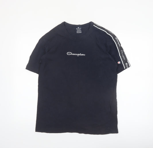 Champion Men's Black Medium Crew Neck Cotton T-Shirt with Logo Tape Trim