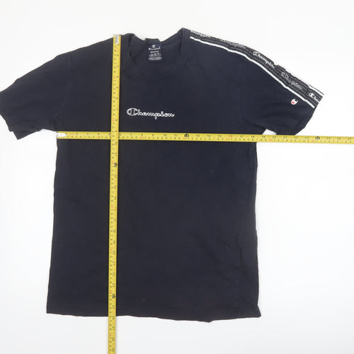 Champion Men's Black Medium Crew Neck Cotton T-Shirt with Logo Tape Trim