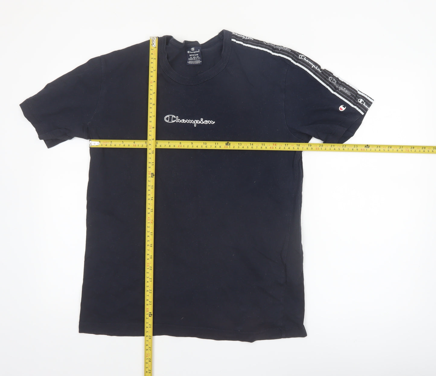 Champion Men's Black Medium Crew Neck Cotton T-Shirt with Logo Tape Trim