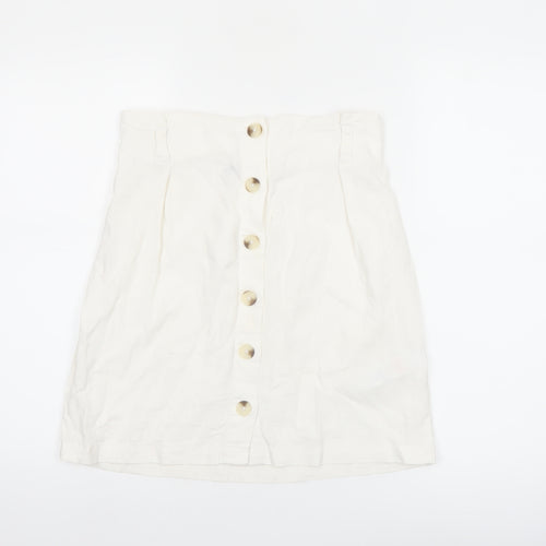 New Look Women's White Linen Blend A-Line Button Front Skirt Size 10