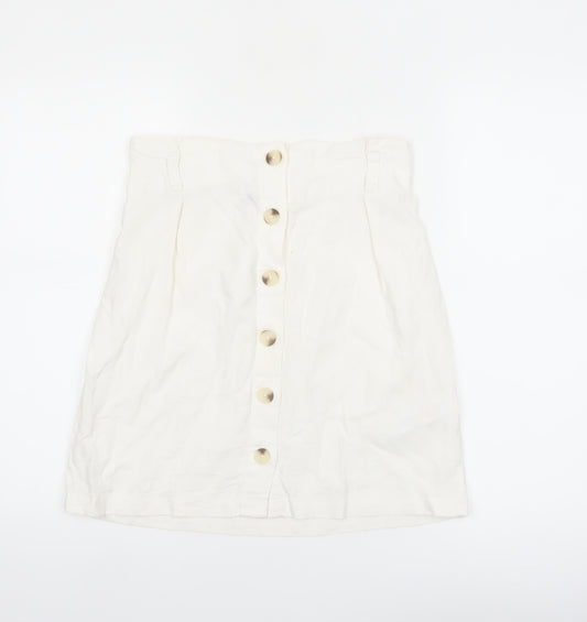 New Look Women's White Linen Blend A-Line Button Front Skirt Size 10