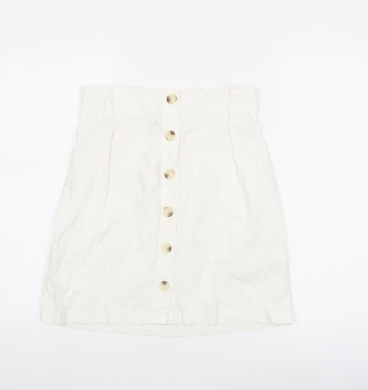 New Look Women's White Linen Blend A-Line Button Front Skirt Size 10