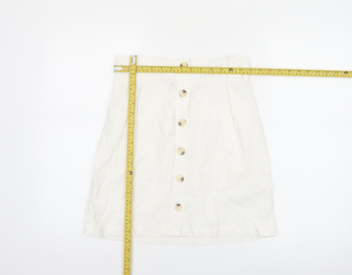 New Look Women's White Linen Blend A-Line Button Front Skirt Size 10