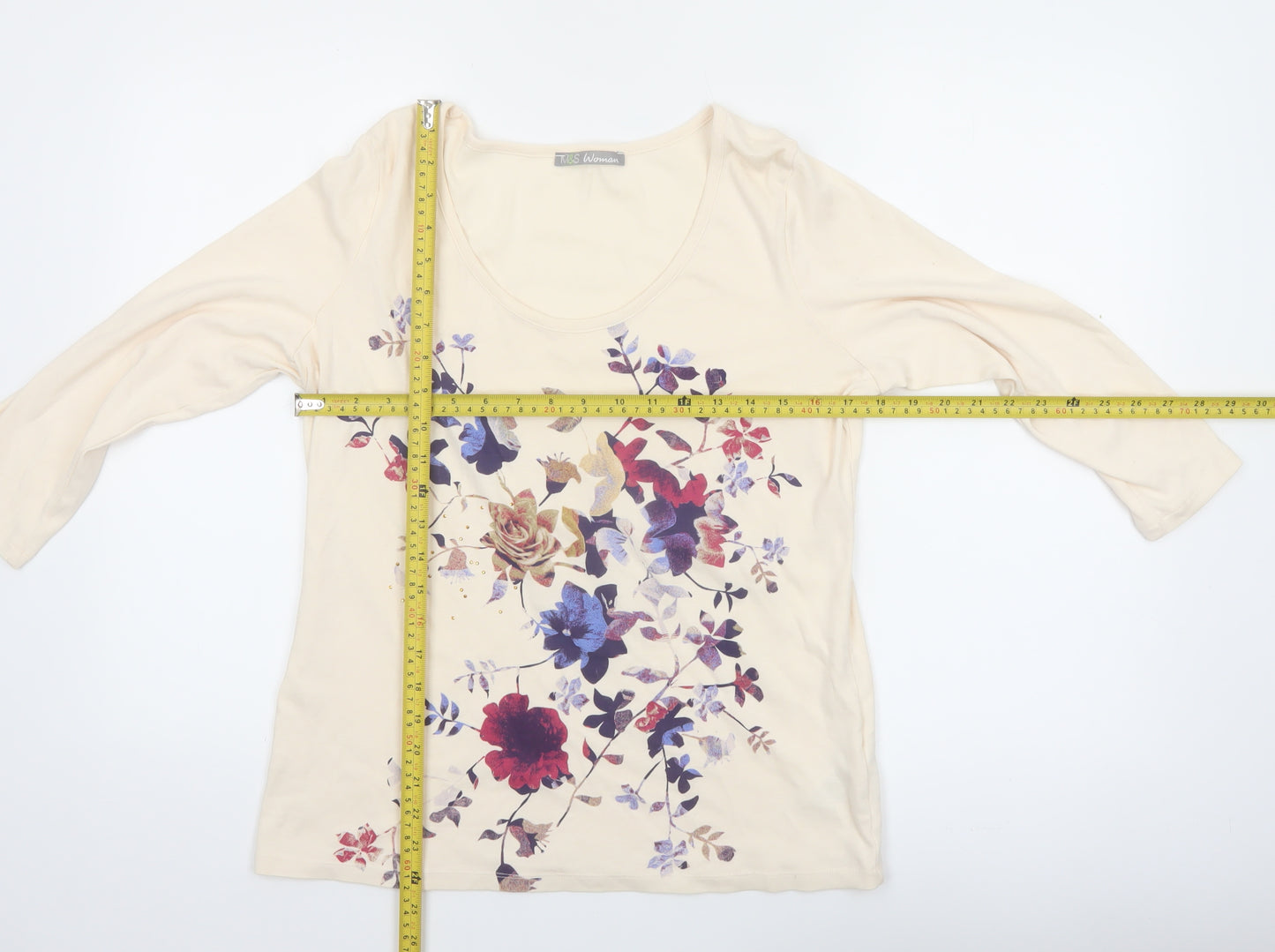 Marks and Spencer Women's Beige Floral 3/4 Sleeve T-Shirt UK 18