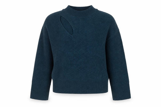 Front view of Hush Women’s Blue Ribbed Knit High Neck jumper, size L