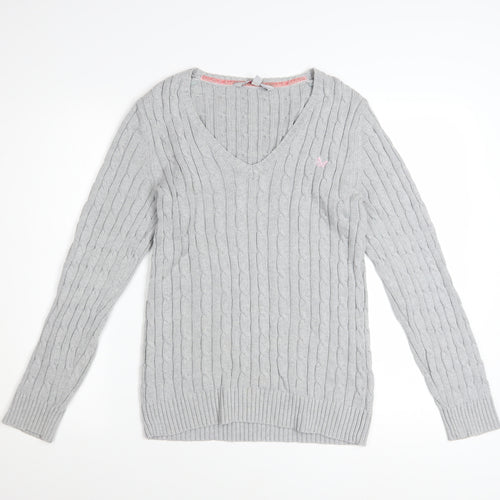 Crew Clothing Co. Women's Grey Cotton Cable Knit V-Neck Jumper Size 16