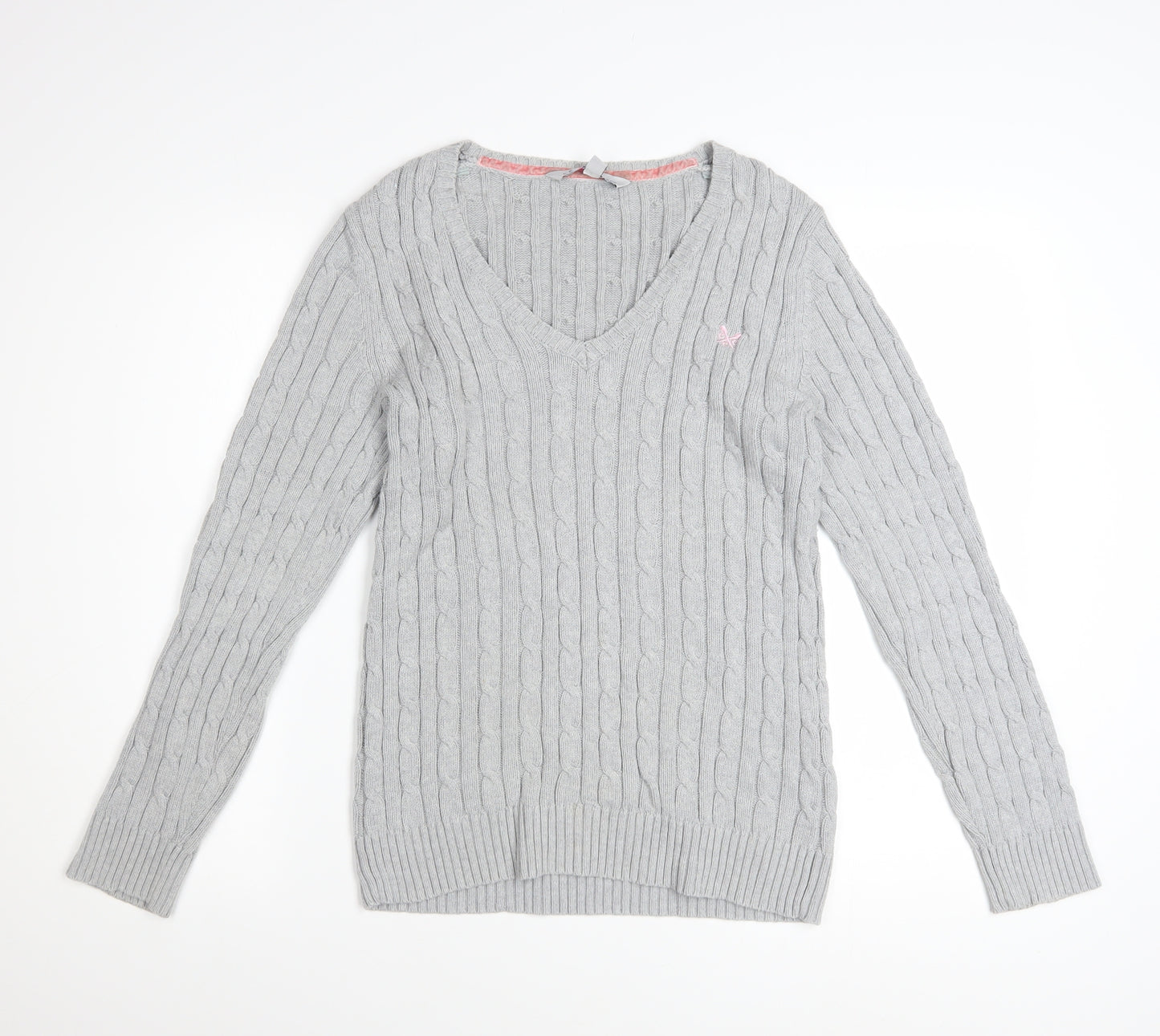 Crew Clothing Co. Women's Grey Cotton Cable Knit V-Neck Jumper Size 16