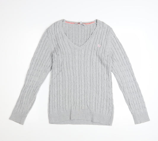 Crew Clothing Co. Women's Grey Cotton Cable Knit V-Neck Jumper Size 16