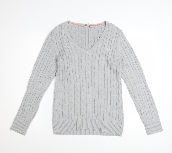 Crew Clothing Co. Women's Grey Cotton Cable Knit V-Neck Jumper Size 16