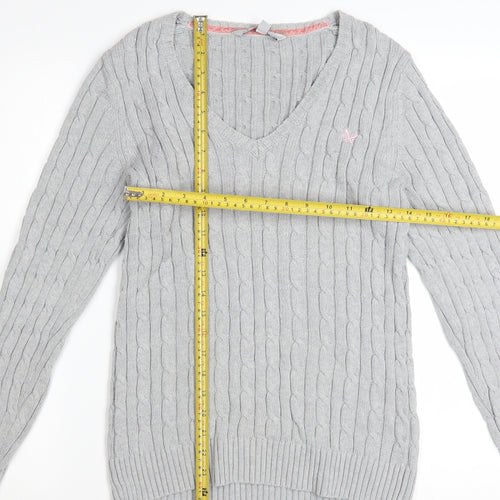 Crew Clothing Co. Women's Grey Cotton Cable Knit V-Neck Jumper Size 16