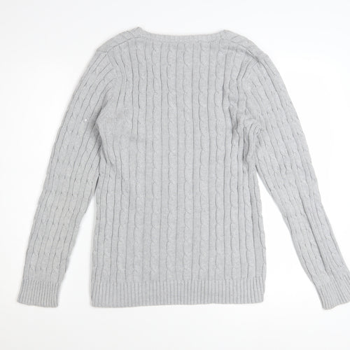 Crew Clothing Co. Women's Grey Cotton Cable Knit V-Neck Jumper Size 16